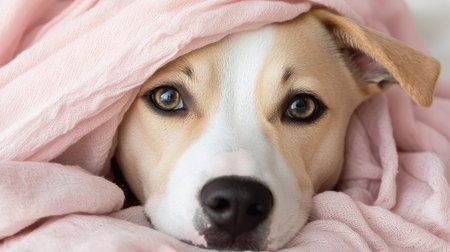 This charming image features a relaxed dog cozily wrapped in a soft pink blanket. The dog's expressive eyes reflect comfort and tranquility, perfect for conveying warmth and companionship.の素材