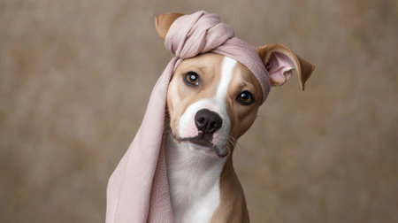 A charming portrait of a dog wearing a scarf, showcasing a playful and affectionate demeanor. This image captures the dog's unique personality in a whimsical setting.の素材