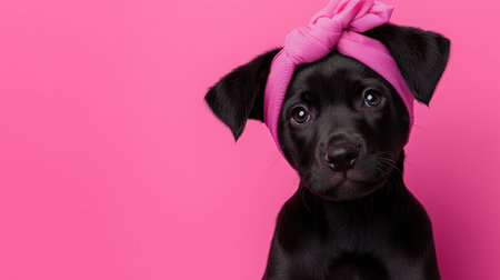 This adorable black puppy wearing a pink headband poses against a bright pink background, capturing the essence of cuteness and playful charm.の素材
