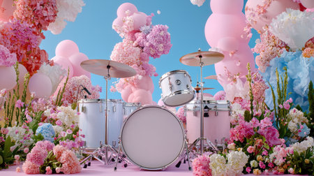 This vibrant scene features a drum set surrounded by colorful flowers and whimsical balloons under a clear blue sky, creating a joyful and creative atmosphere perfect for events and performances.の素材