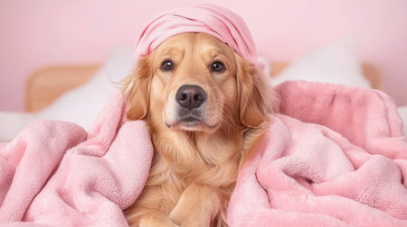 A delightful golden retriever wrapped in a soft pink blanket exudes coziness and relaxation, wearing a cute headband in a serene indoor setting.の素材