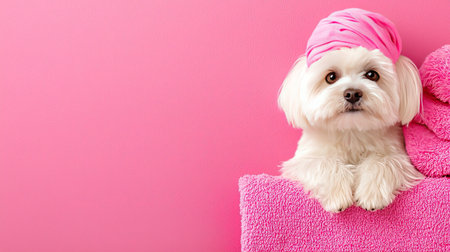 Adorable white dog with fluffy fur poses on soft pink towels, wearing a stylish pink headband. The solid pink backdrop enhances the charming atmosphere, perfect for pet lovers.の素材