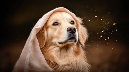 A golden retriever wearing a soft shawl gazes thoughtfully into the distance. This serene portrait captures the dogの素材