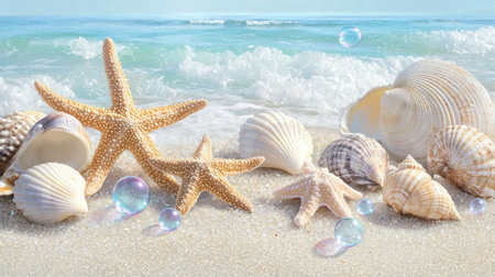 A stunning coastal scene featuring various seashells and a starfish on soft sandy beach. Gentle waves and bubbles create a serene summer atmosphere.の素材