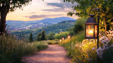 A tranquil pathway lined with glowing lanterns invites evening strolls, surrounded by vibrant flowers and gentle hills under a captivating dusk sky.の素材