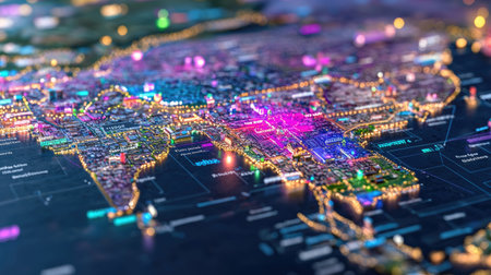 Stunning digital representation of an urban area illuminated with vibrant lights. Perfect for showcasing technology, travel, and city landscapes in a modern style.の素材