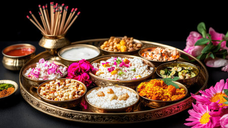 An exquisite display of traditional Indian festive cuisine, featuring an assortment of colorful snacks, spices, and floral decorations arranged on a decorative platter, symbolizing celebration and cultural richness.の素材