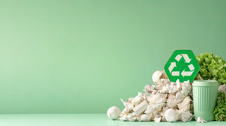 A visual representation of eco-friendly waste management featuring a recycling symbol, scattered trash, and green elements. This image highlights the importance of sustainability and responsible waste practices.の素材