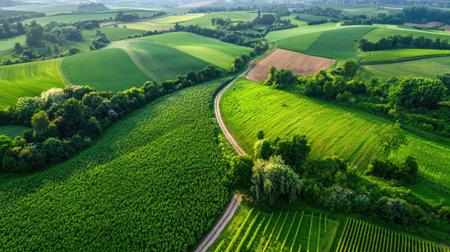 Stunning aerial view of lush green countryside featuring rolling fields and a winding pathway. The landscape showcases agricultural beauty and serene nature.の素材