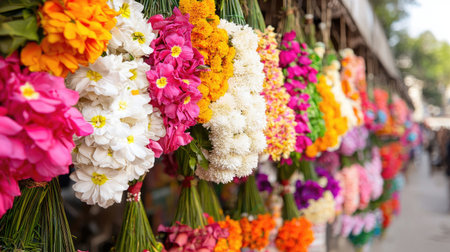 A stunning display of vibrant flowers hanging in a market, showcasing diverse colors and textures. This scene captures the essence of natural beauty and celebration.の素材