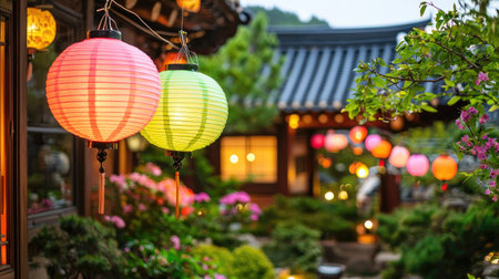 A enchanting view of colorful lanterns hanging in a traditional garden, casting a warm glow at dusk, creating a serene and romantic atmosphere amidst lush greenery and blooming flowers.の素材
