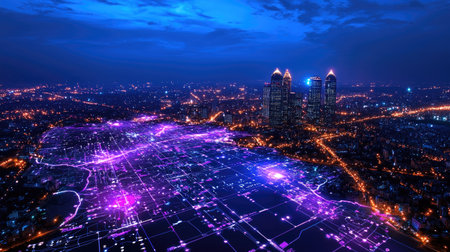 An aerial view of a vibrant city skyline during the night, showcasing a futuristic digital connectivity design with colorful lights illuminating the urban landscape.の素材