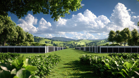 A picturesque landscape featuring solar panels in a vibrant green field, surrounded by rolling hills and bright blue skies, emphasizing renewable energy and tranquility.の素材