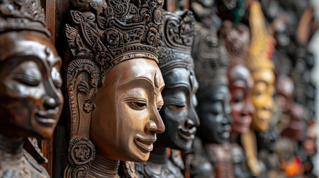 A stunning collection of intricately carved wooden faces showcasing diverse expressions and cultural heritage, perfect for art lovers and decor enthusiasts.の素材