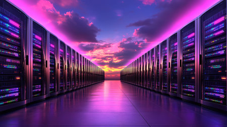 A vibrant data center featuring rows of servers illuminated by colorful lights, set against a breathtaking sunset sky. This image represents advanced technology and modern infrastructure.の素材