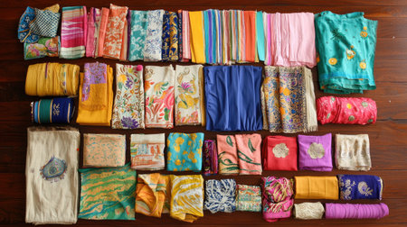 A vibrant display of various fabrics arranged neatly, showcasing colorful textiles in different patterns and materials, perfect for creative projects or fashion design.の素材