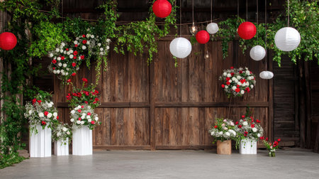 Beautiful floral arrangement with red and white flowers, complemented by hanging lanterns, creating a romantic atmosphere in a rustic indoor setting. Perfect for weddings and special events.の素材