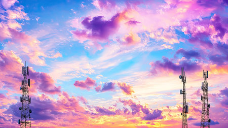 Captivating sunset view featuring colorful clouds and communication towers against a vibrant sky. Ideal for themes of technology, nature, and tranquility.の素材