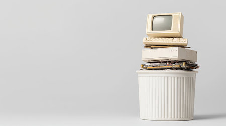 A creative composition featuring a stack of vintage computers placed in a trash can, symbolizing the decline of technology and the importance of recycling outdated electronics.の素材