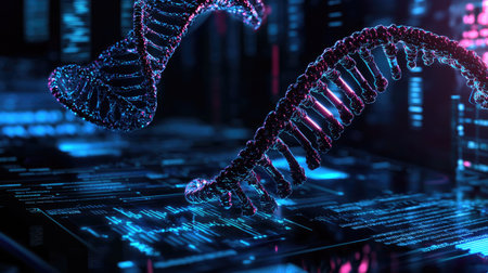 Explore a stunning 3D render of vibrant DNA helix structures set against a digital backdrop, representing advanced research and innovation in genetics and molecular biology.の素材