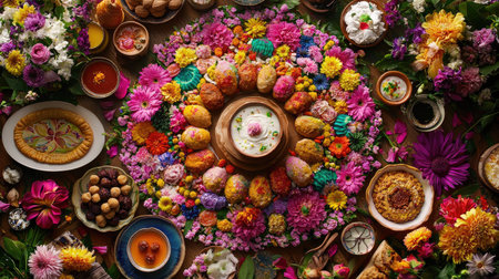 A stunning overhead view of a colorful festival feast beautifully arranged with flowers and assorted treats, celebrating culture and tradition with vibrant colors.の素材