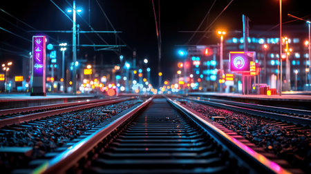 Capture the serene beauty of a nighttime railway scene, featuring vibrant lights and clear tracks leading into the urban backdrop. Ideal for travel and infrastructure visuals.の素材