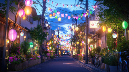 This captivating street scene features colorful lanterns hanging gracefully above, creating a vibrant festival atmosphere during dusk.の素材
