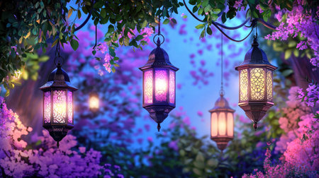 Explore a captivating scene featuring glowing lanterns adorned with intricate designs, surrounded by lush flowers and vibrant foliage, creating a magical atmosphere.の素材