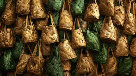 A captivating display of handwoven baskets in vibrant earthy tones. This image showcases the texture and craftsmanship of various designs highlighting eco-friendly materials.の素材