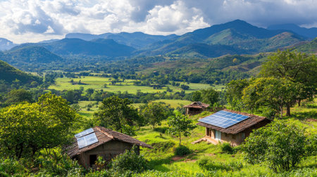 A picturesque rural scene featuring homes equipped with solar panels surrounded by lush green mountains and fields, showcasing sustainable energy and nature's beauty.の素材