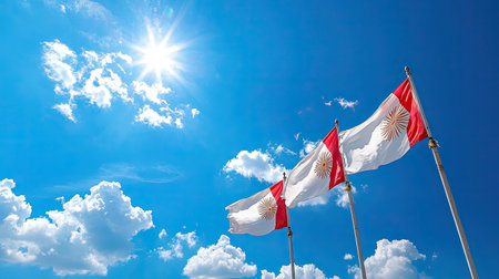 Stunning scenery of flags waving under a bright sun against a vivid blue sky. The clouds add depth to this peaceful outdoor landscape, perfect for symbolism.の素材