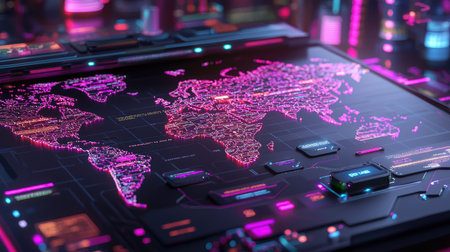 A captivating futuristic digital world map illuminated with vibrant neon lights, showcasing intricate details and modern technology elements for a visually striking aesthetic.の素材