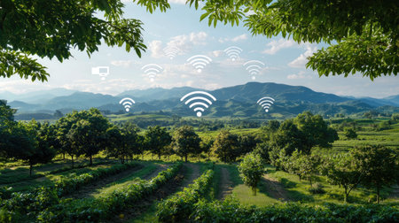 A picturesque rural landscape showcasing green fields and mountains under a clear sky, enhanced by symbols representing wireless connectivity, highlighting modern technologies in agriculture.の素材