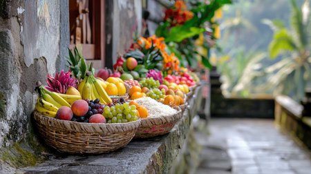 A stunning arrangement of fresh fruits in traditional baskets showcases a variety of colors and textures against a backdrop of lush greenery. This scene captures the essence of healthy living and local culture.の素材