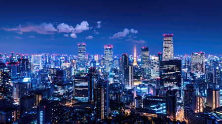 Stunning nighttime view of a vibrant city skyline, showcasing bright lights and towering skyscrapers. This urban landscape captures the energy and atmosphere of a bustling metropolis.の素材
