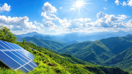 A stunning view of solar panels on a lush green hill, surrounded by majestic mountains and a vibrant blue sky filled with fluffy clouds, showcasing renewable energy.の素材