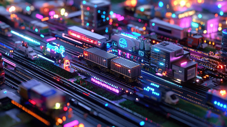 Explore a mesmerizing cityscape featuring vibrant neon lights and intricate train tracks. This captivating scene showcases urban energy in a stunning nighttime display.の素材