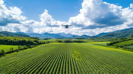 A drone captures stunning aerial views of expansive green fields, showcasing modern farming techniques and the beauty of nature under a bright blue sky.の素材