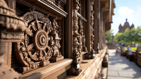 This close-up image features intricate wooden carvings on temple architecture, showcasing superb craftsmanship and artistic detail, with a soft-focus background.の素材