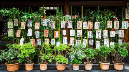 A serene bamboo garden showcasing traditional tags with beautiful calligraphy art. This vibrant outdoor scene captures cultural heritage and tranquility.の素材