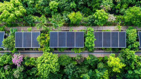 A captivating aerial view of solar panels integrated within vibrant greenery showcases the harmony between renewable energy and nature in an urban setting.の素材