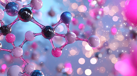 Beautifully rendered molecular structure showcases colorful atoms against a dreamy bokeh background, symbolizing the beauty of science and discovery.の素材