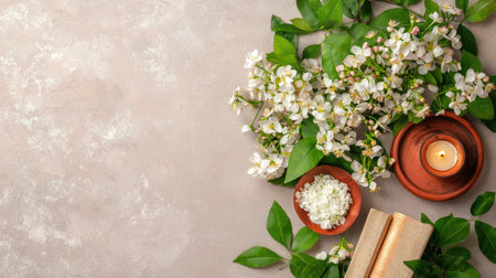 A serene flatlay featuring delicate white flowers, a candle, and natural greenery. Perfect for accentuating themes of relaxation, beauty, and tranquility in home decor.の素材