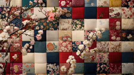 A stunning display of quilt patchwork featuring vibrant colors and intricate patterns, complemented by delicate cherry blossom branches in the foreground.の素材