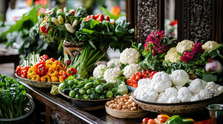 This image showcases a vibrant farmers market stall filled with an array of fresh organic vegetables, including tomatoes, greens, and cauliflower, celebrating nature's bounty.の素材