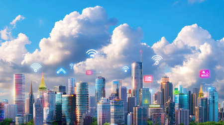 A vibrant city skyline set against a dramatic cloudy sky, featuring digital icons representing connectivity and modern technology in an urban landscape.の素材