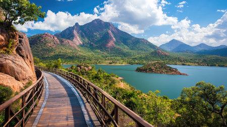 Stunning view of a serene mountain landscape featuring a wooden pathway next to calm waters, showcasing vibrant colors and natural beauty ideal for outdoor enthusiasts.の素材