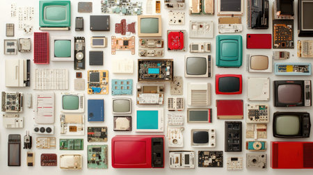 A captivating arrangement of vintage technology, showcasing retro monitors, circuit boards, and colorful screens. Perfect for design and nostalgia themes.の素材