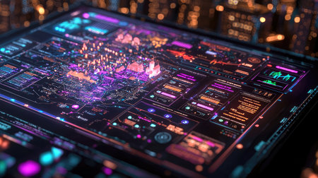 A stunning digital representation of a futuristic city map, glowing with vibrant neon lights. The design features intricate data and graphics, showcasing advanced technology and innovation.の素材