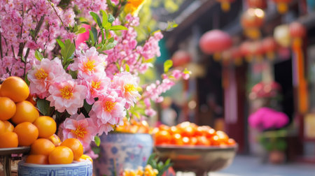 A vibrant market scene featuring a colorful arrangement of flowers and fresh oranges, exuding a festive atmosphere filled with joy and springtime beauty.の素材